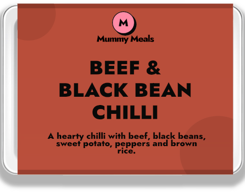 Beef and Black Bean Chilli ready meal with sweet potato and brown rice