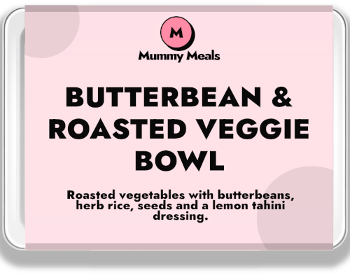 Butterbean Rice Bowl ready meal Butterbean Rice Bowl ready meal with roasted vegetables and tahini