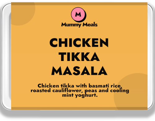 Chicken Tikka ready meal with rice cucumber mint yoghurt and roasted cauliflower